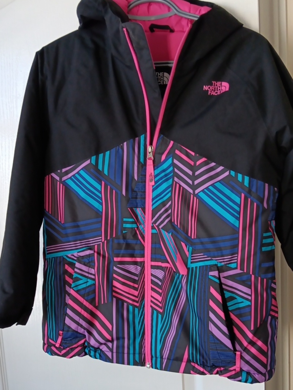 The North Face Black Jacket with Pink, Blue & Purple Geo Print
